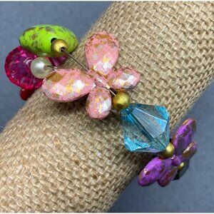 Multicolor Memory Wire Bracelet As Is Faceted Beads Butterfly Heart Charm Retro